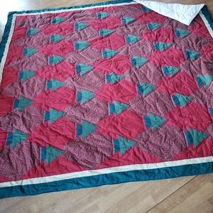 Quilt hand quilted 84x84 inches Christmas trees vintage